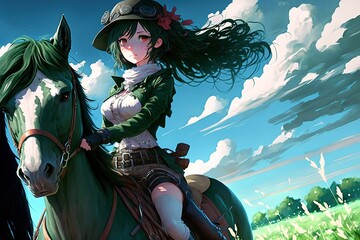 An anime girl is riding a green horse in a beautiful field with a blue sky, generative ai