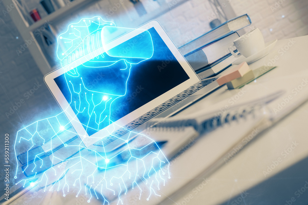 Aufkleber Computer on desktop with AR theme icon. Multi exposure. Concept of augmented reality.