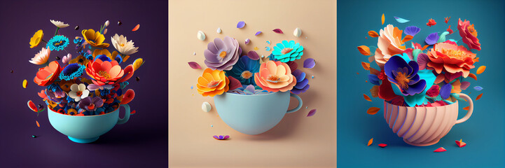 Colorful composition of 3d flowers in a tea cup, collection.