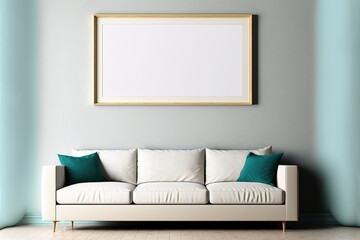 A horizontal wall art poster mockup with a frame hanging on a wall above a couch, generative ai