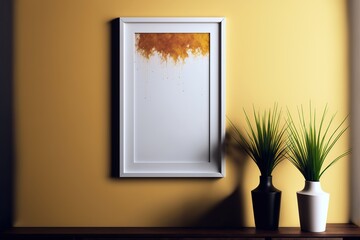 a vertical wall art poster mockup with a frame hanging on a orange wall with a plant next to it, generative ai