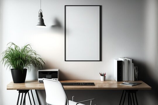 A vertical wall art poster frame mockup hanging on a wall above a desk with a plant, generative ai