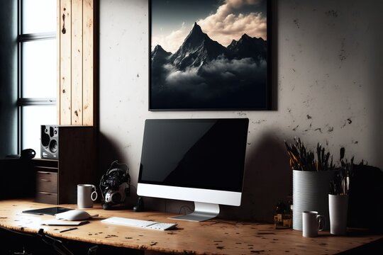 An office working table with a computer desktop and a wall art painting above it, generative ai