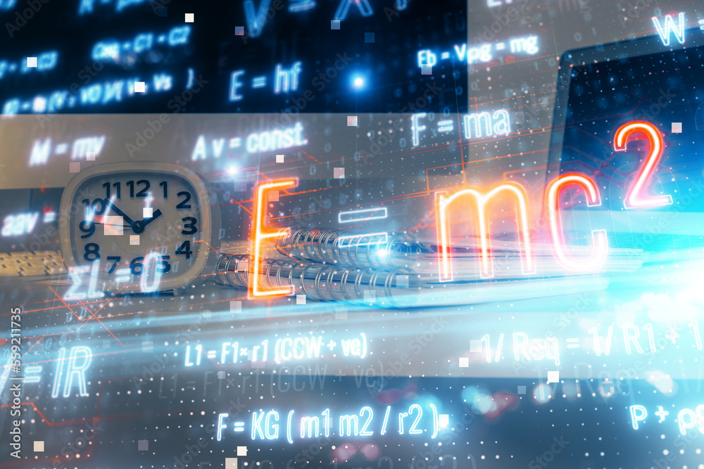 Poster desktop computer background and formula hologram writing. double exposure. education concept.