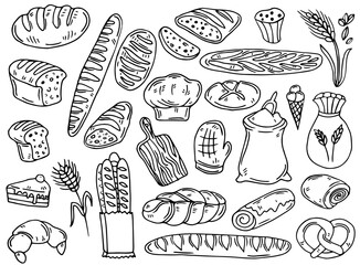 Bread vector hand drawn set illustration. Other types of wheat, flour fresh bread. Gluten food bakery engraved collection. Black bake organic food isolated on white background.