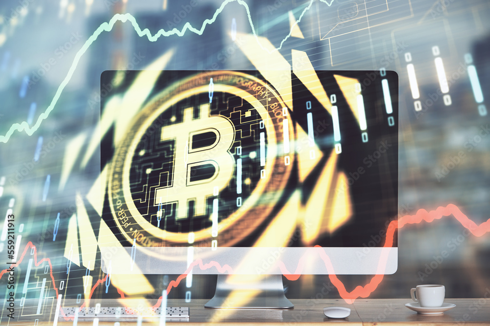 Aufkleber Multi exposure of blockchain theme hologram and table with computer background. Concept of bitcoin crypto currency.