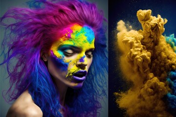 a woman with bright hair and makeup is in a photo with a colorful cloud of smoke and dust behind her is a woman with blue hair and a yellow and blue and pink hair and.