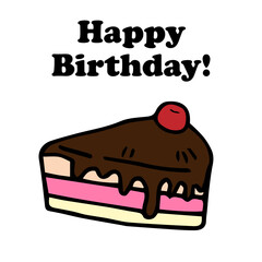 Happy birthday. Greeting card, poster, invitation. A piece of cake with a candle on a pink background. Vector flat image