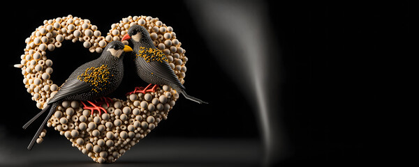 birds couple sitting on heart shape, love, valentine, copy space, card, background, Generative AI