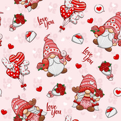 Seamless Pattern With Valentine Day Gnome, Cute Cartoon Illustration