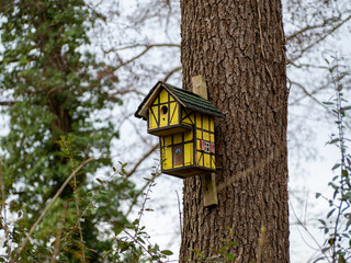 Birdhouse on a tree. Beautiful birdhouse in the forest.