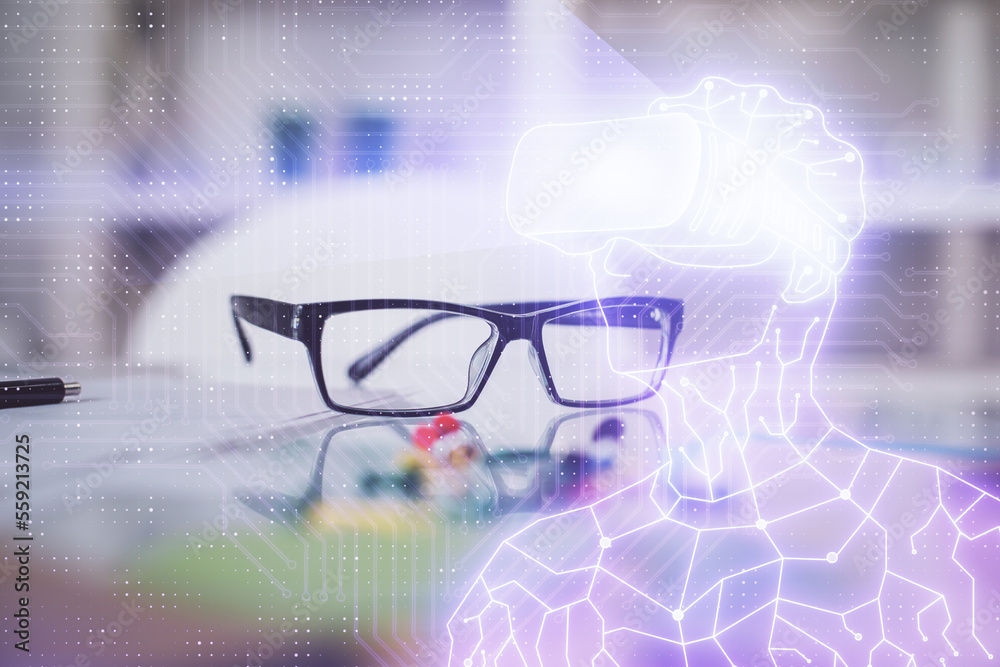 Aufkleber ar drawing with glasses on the table background. concept of augmented reality. double exposure.