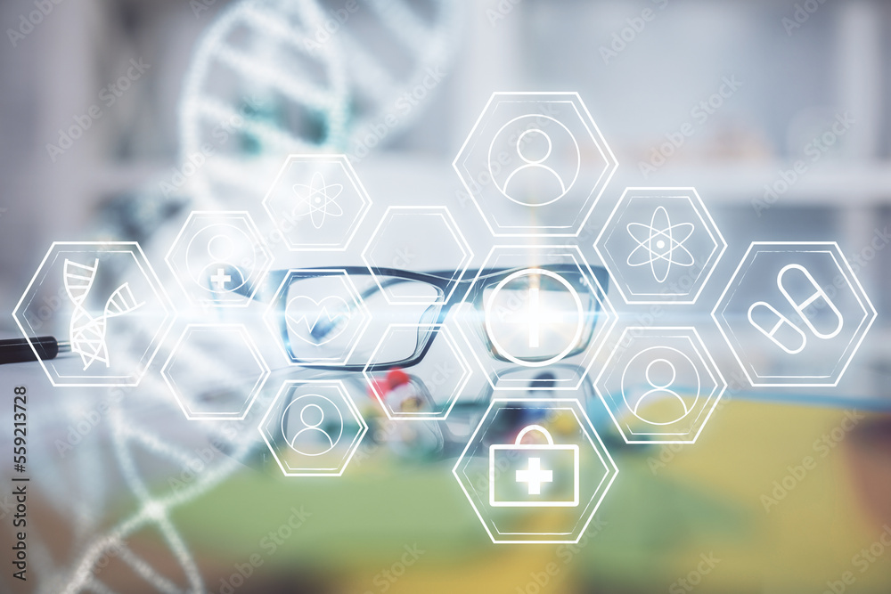 Poster dna drawing with glasses on the table background. concept of bioengineering. double exposure.