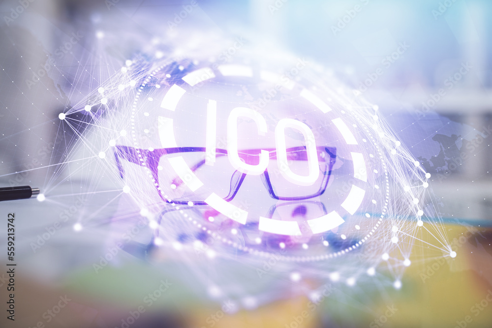 Aufkleber Crypto theme hologram with glasses on the table background. Concept of blockchain. Double exposure.
