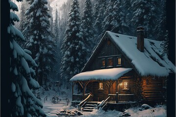 a cabin in the woods with snow on the ground and trees in the background, with a snow covered roof and steps leading up to the cabin in the foreground, with snow on the. - obrazy, fototapety, plakaty