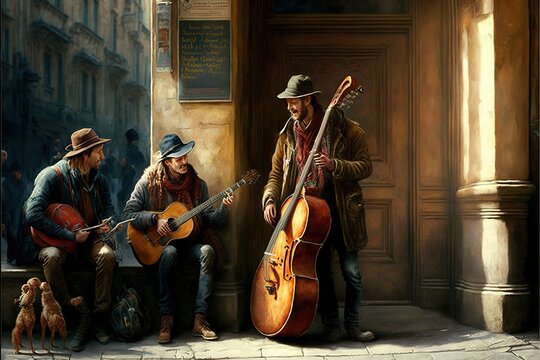 a painting of three men playing instruments in a city street with a dog sitting on the sidewalk next to them and a dog standing next to them, and a man sitting on the sidewalk.