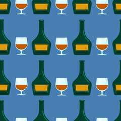 Bottle and glass seamless pattern, Vector background with alcohol
