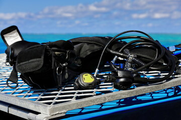 Breathing equipment for recreational scuba diving-pontoon on the Great Barrier Reef....