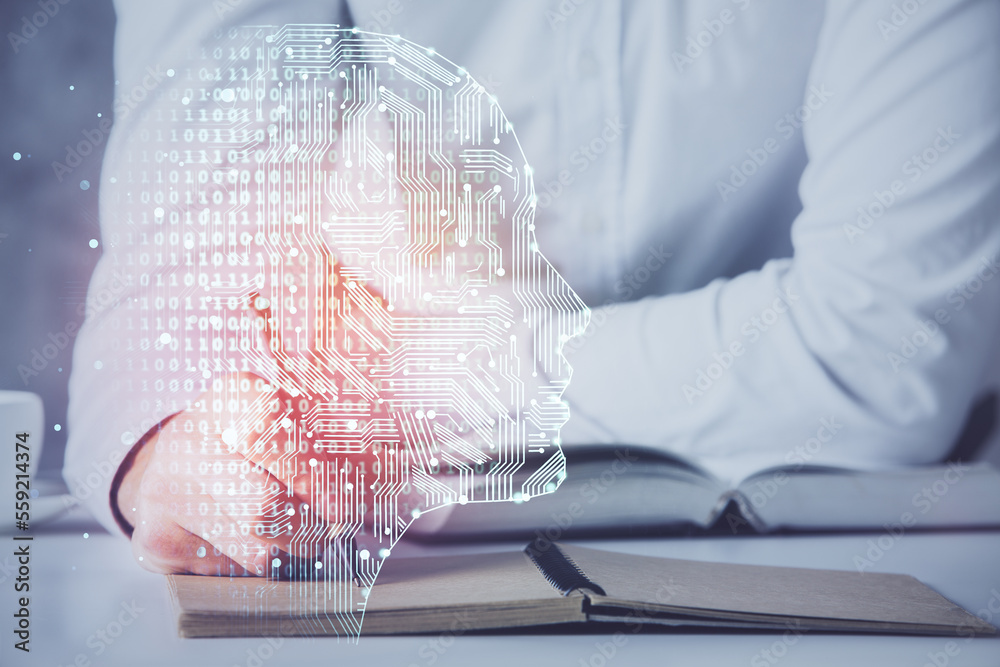 Poster man with multi exposure brain theme icons.