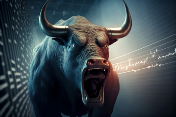 Un taureau en colère fait monter la Bourse et provoque une hausse des actions generative ai - obrazy, fototapety, plakaty