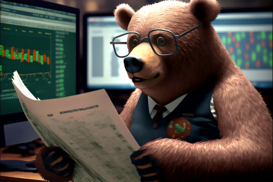 Harmloser Aktien handelnder B&auml;r an der B&ouml;rse setzt auf fallende Kurse Cartoon generative ai