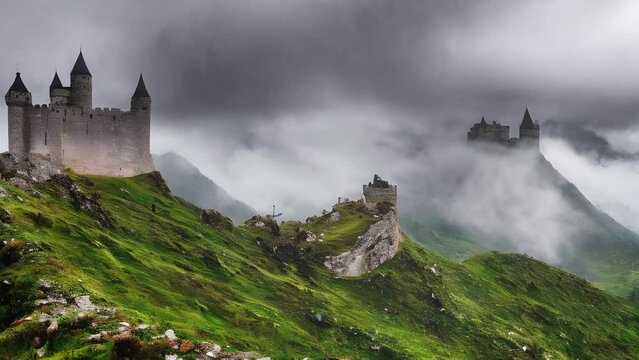 Medieval castles on hill, fog