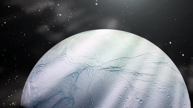 View of Enceladus, the sixth-largest Moon of Saturn. Elements of this Video furnished by NASA. 4K Resolution.