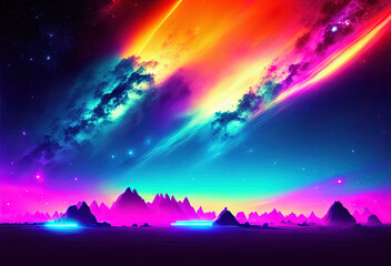 Neon color night sky art illustration. Generative AI