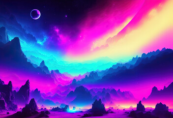 Neon color night sky art illustration. Generative AI