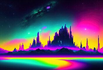 Neon color night sky art illustration. Generative AI