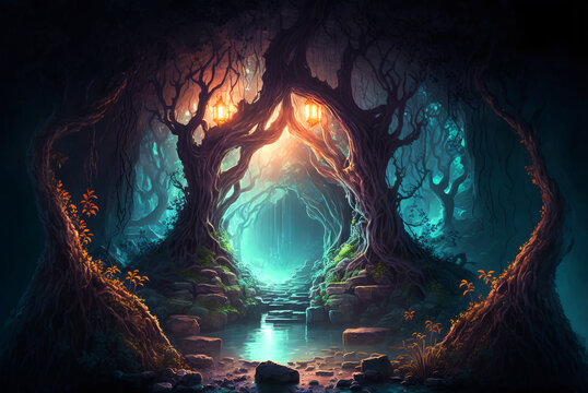 Fantasy Forest Portal Or Path Scene AI Generative	