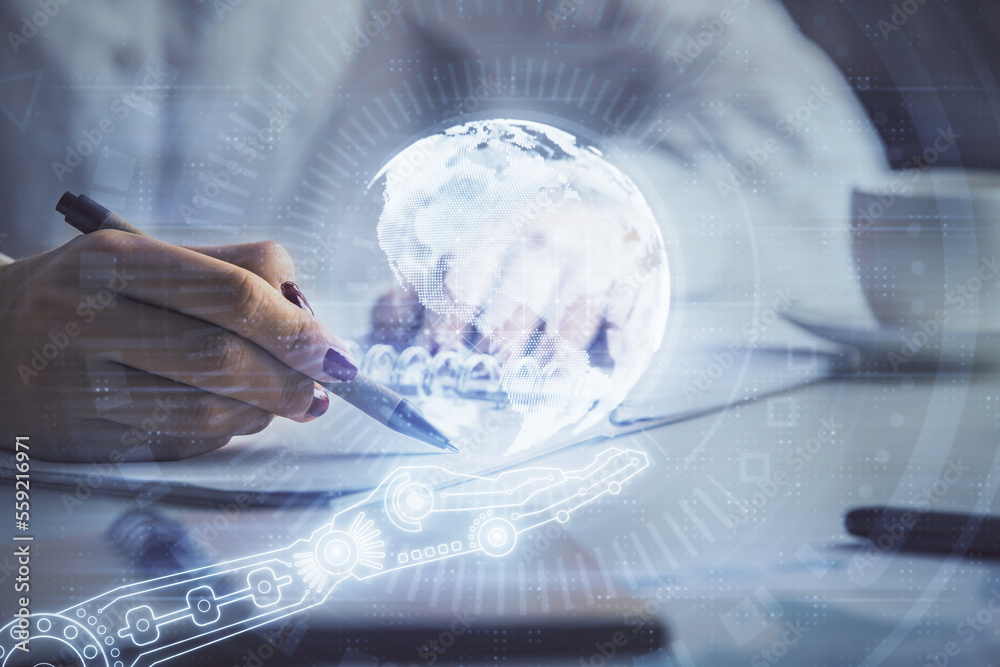 Aufkleber Multi exposure of hands making notes with world map hologram and data theme icons. Concept of global data.