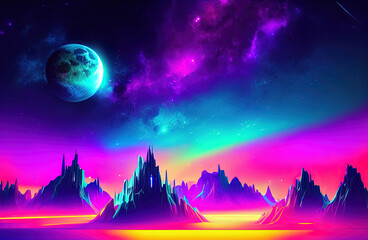 Fototapeta na wymiar Neon color night sky art illustration. Generative AI