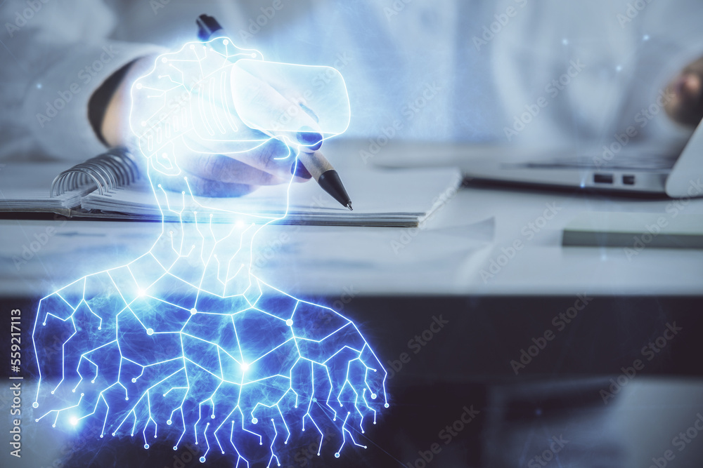 Poster ar hologram over hands taking notes background. concept of augmented reality. double exposure