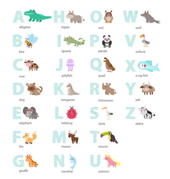 Cute Animal Alphabet Letter Flat Illustration Set. This set includes illustrations of all the letters of the alphabet, each one featuring a cute animal starting with that letter.