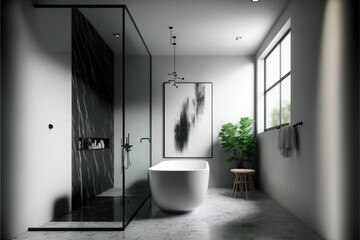 Fototapeta na wymiar Luxury modern bathroom interior design with glass walk-in shower, spacious large minimal, Stylish vessel sink, mirror, bathtub, toilet bowl, green plants and shampoos in a hotel, apartment, or house
