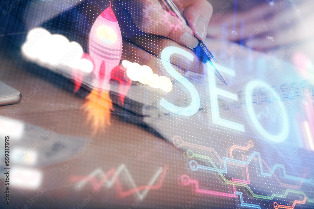 Poster multi exposure of woman's hands making notes with seo icon. concept of search engine optimization