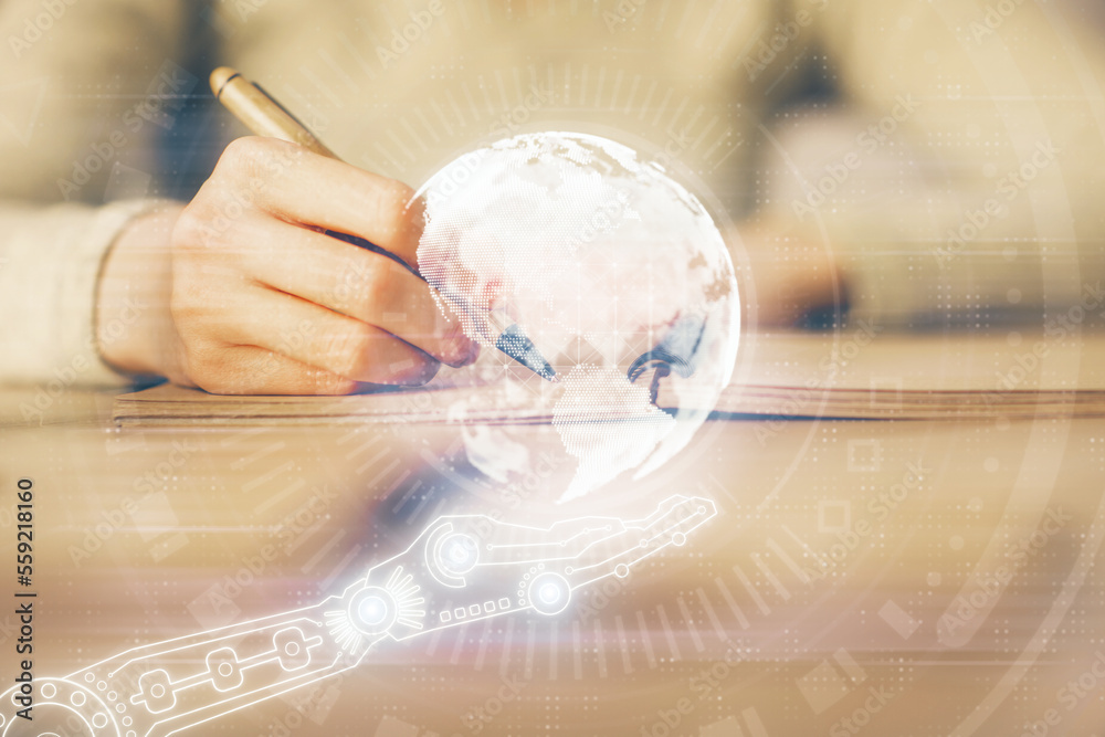 Aufkleber Multi exposure of hands making notes with world map hologram and data theme icons. Concept of global computer data.