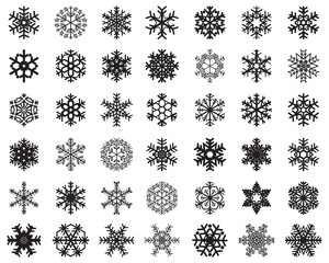 Set of different black snowflakes on a white background