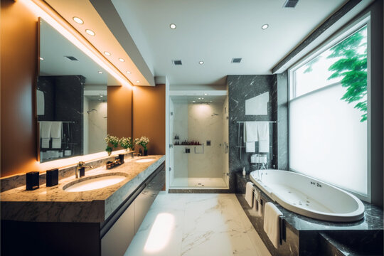 Luxury modern bathroom interior design with glass walk-in shower, spacious large minimal, Stylish vessel sink, mirror, bathtub, toilet bowl, green plants and shampoos in a hotel, apartment, or house
