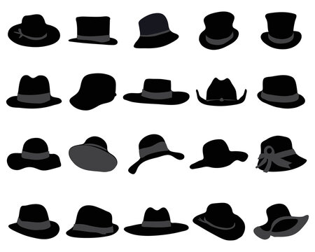 Silhouettes of male and female hats and caps on a white background