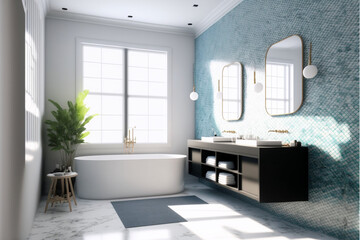Naklejka na ściany i meble Luxury modern bathroom interior design with glass walk-in shower, spacious large minimal, Stylish vessel sink, mirror, bathtub, toilet bowl, green plants and shampoos in a hotel, apartment, or house