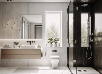 Luxury modern bathroom interior design with glass walk-in shower, spacious large minimal, Stylish vessel sink, mirror, toilet bowl, green plants and shampoos in a hotel, apartment, or house