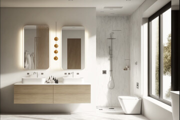 Luxury modern bathroom interior design with glass walk-in shower, spacious large minimal, Stylish vessel sink, mirror, toilet bowl, green plants and shampoos in a hotel, apartment, or house