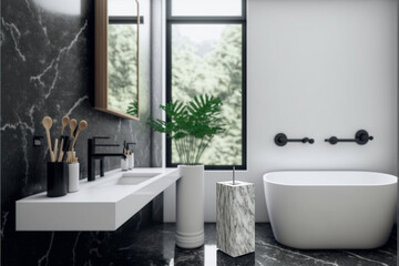 Luxury modern bathroom interior design with glass walk-in shower, spacious large minimal, Stylish vessel sink, mirror, bathtub, toilet bowl, green plants and shampoos in a hotel, apartment, or house