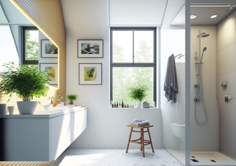 Luxury modern bathroom interior design with glass walk-in shower, spacious large minimal, Stylish vessel sink, mirror, toilet bowl, green plants and shampoos in a hotel, apartment, or house - obrazy, fototapety, plakaty
