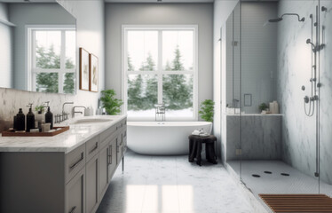 Fototapeta premium Luxury modern bathroom interior design with glass walk-in shower, spacious large minimal, Stylish vessel sink, mirror, bathtub, toilet bowl, green plants and shampoos in a hotel, apartment, or house