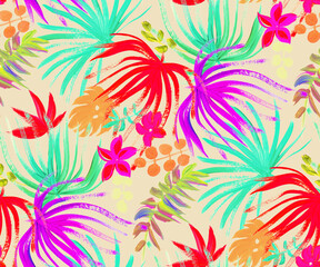 modern bright seamless pattern with tropical palm leaves and colorful dried flowers for fashion textiles and surface design