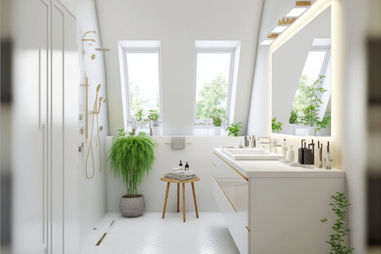 Luxury modern bathroom interior design with glass walk-in shower, spacious large minimal, Stylish vessel sink, mirror, toilet bowl, green plants and shampoos in a hotel, apartment, or house