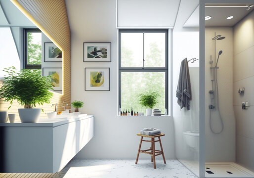 Luxury modern bathroom interior design with glass walk-in shower, spacious large minimal, Stylish vessel sink, mirror, toilet bowl, green plants and shampoos in a hotel, apartment, or house